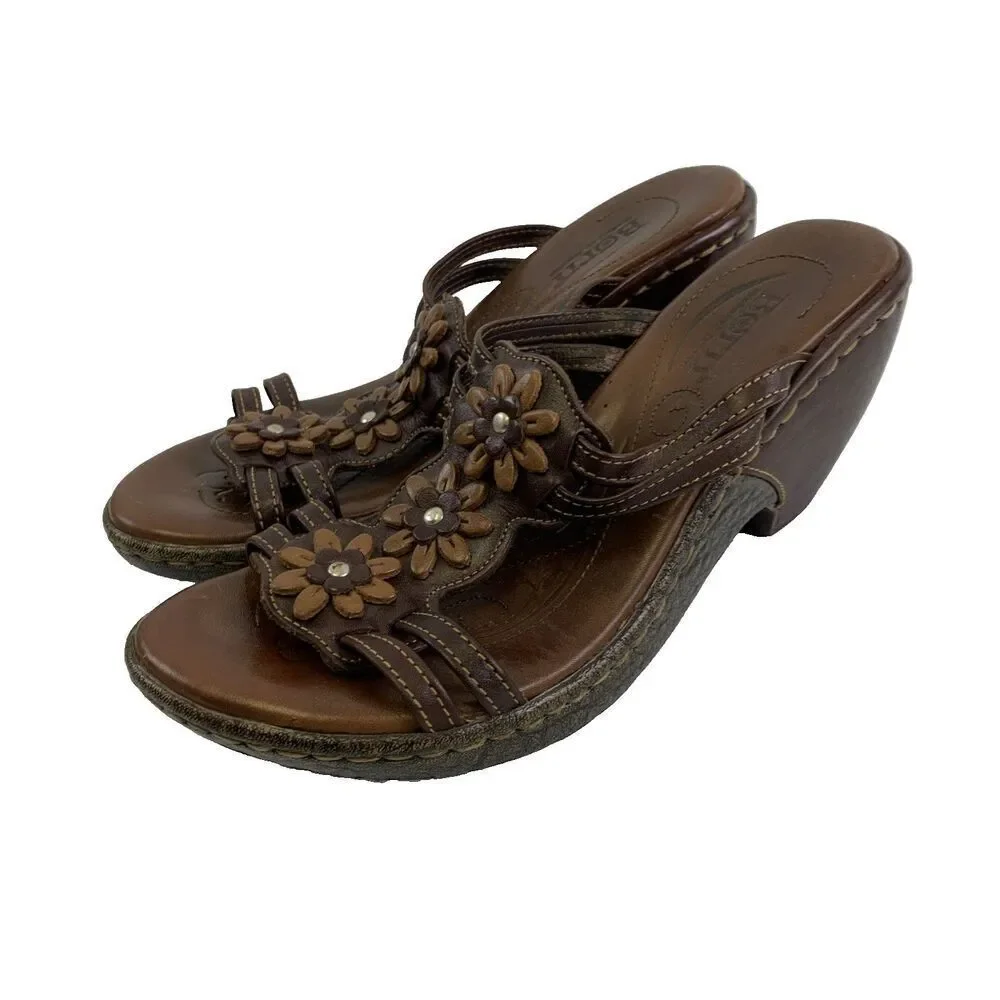 Born Brown Leather Floral Cut Out Slide Wedge Sandal Studded Heel Womens 7